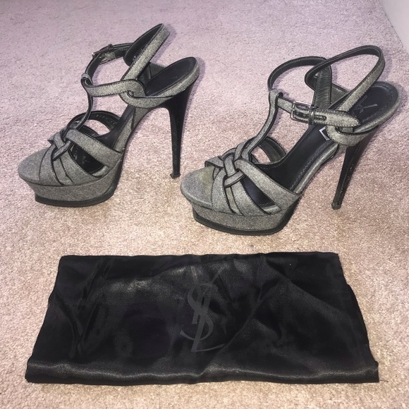 YSL Gray & Black Tribute Platform Sandal Heels Size 5 - Picture 3 of 8